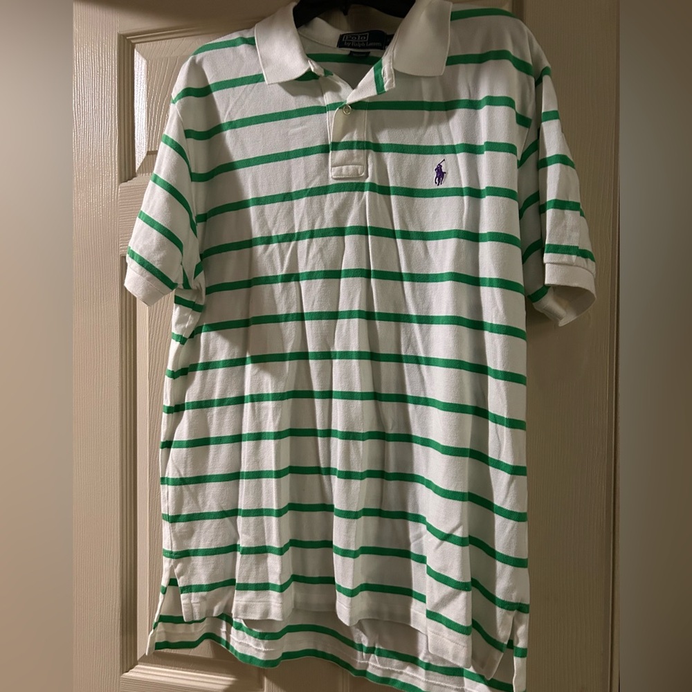 Polo by Ralph Lauren Men's White and Green Striped Polo